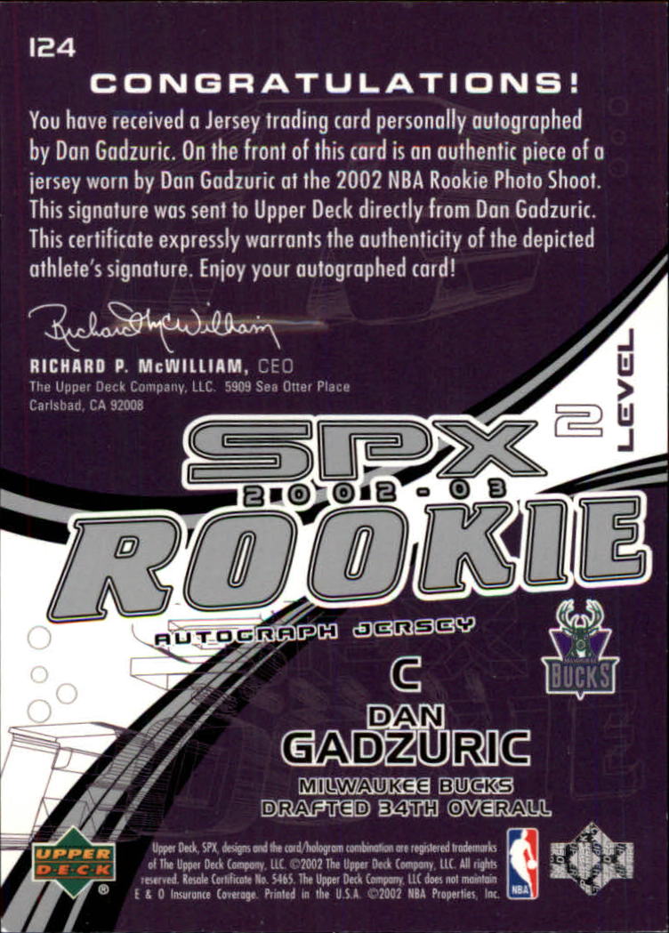 2002-03 SPx #124 Dan Gadzuric JSY AU RC back image