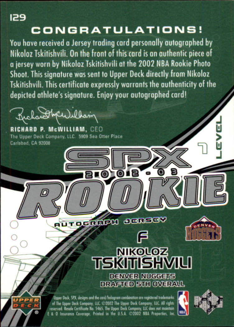 2002-03 SPx #129 Nikoloz Tskitishvili JSY AU RC back image