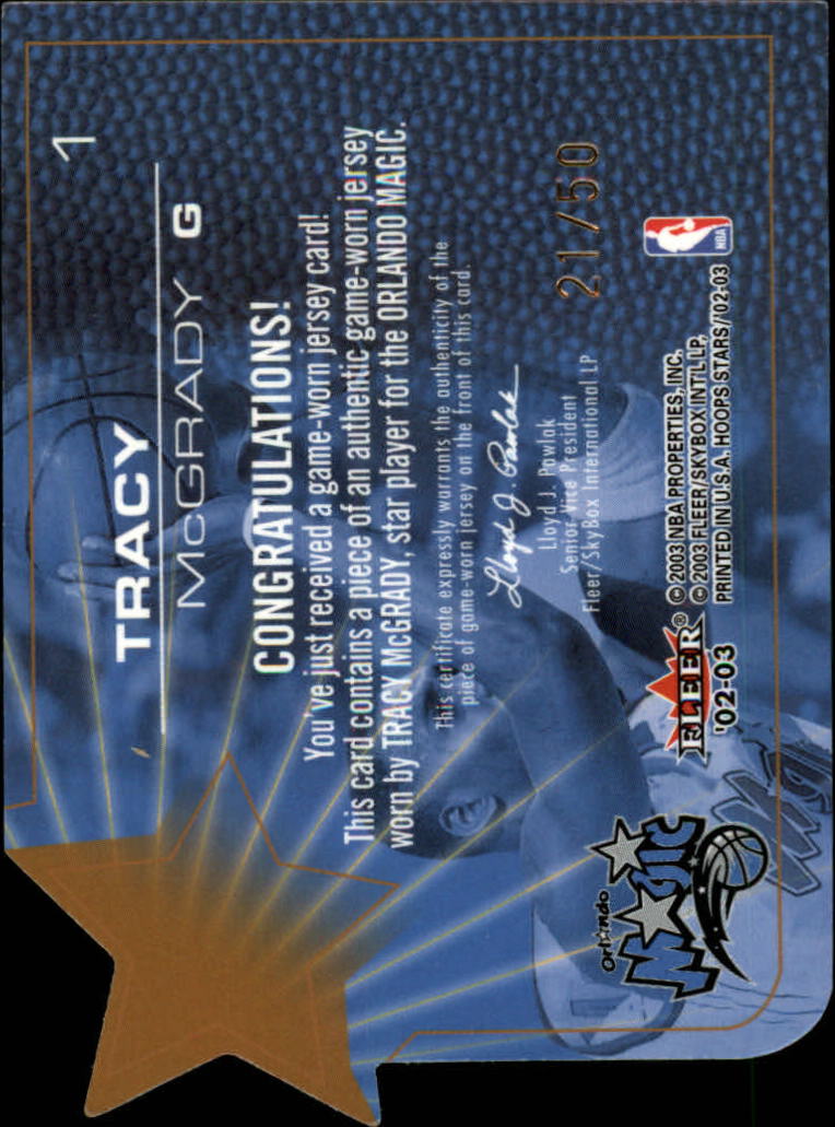 2002-03 Hoops Stars Star Gazing Game-Used #TM Tracy McGrady JSY back image