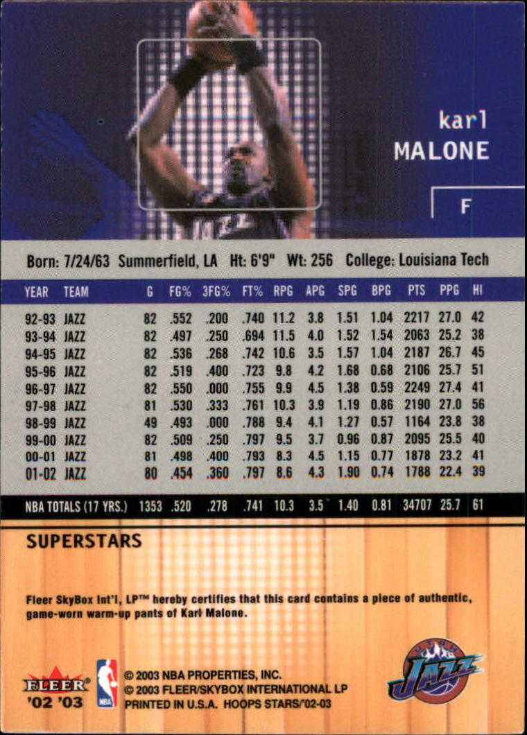 2002-03 Hoops Stars Superstars Game-Used #KM Karl Malone Pants back image