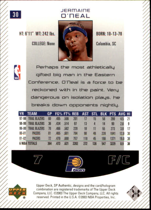 2002-03 SP Authentic #30 Jermaine O'Neal back image