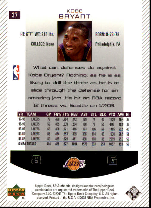 2002-03 SP Authentic #37 Kobe Bryant back image