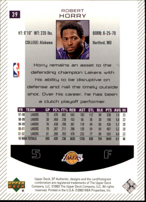 2002-03 SP Authentic #39 Robert Horry back image