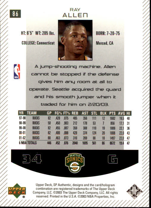 2002-03 SP Authentic #86 Ray Allen back image