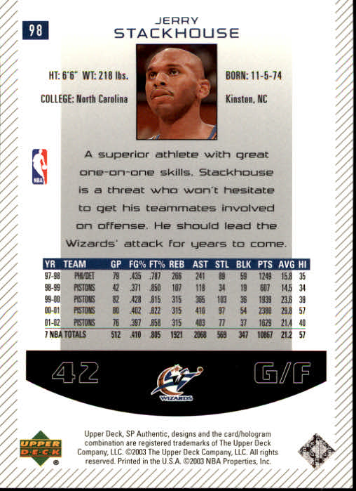 2002-03 SP Authentic #98 Jerry Stackhouse back image