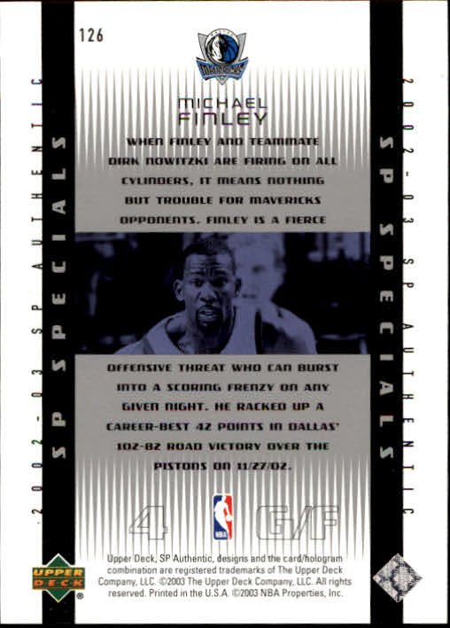 2002-03 SP Authentic #126 Michael Finley SPEC back image