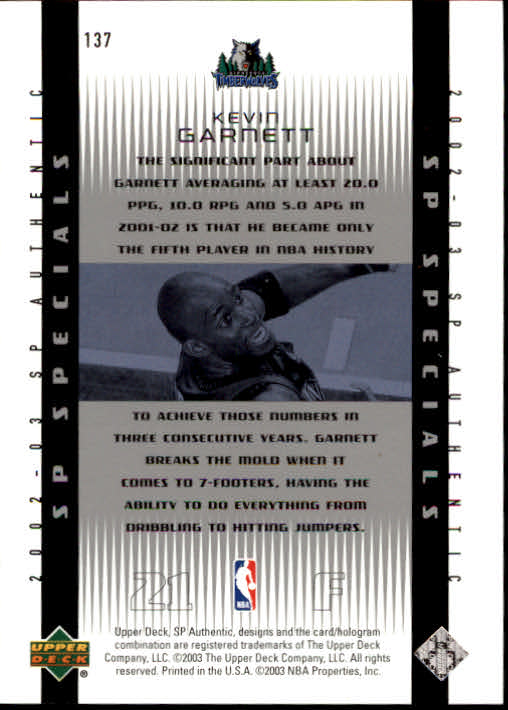 2002-03 SP Authentic #137 Kevin Garnett SPEC back image