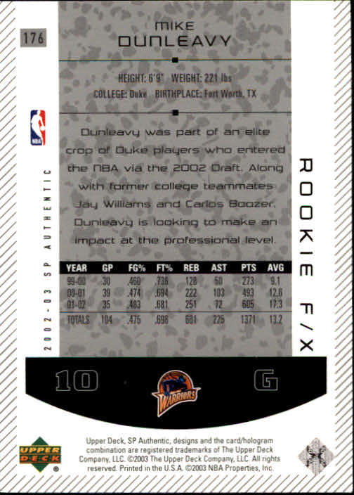 2002-03 SP Authentic #176 Mike Dunleavy RC back image