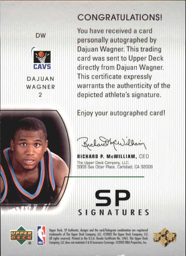 2002-03 SP Authentic SP Signatures #DW DaJuan Wagner back image