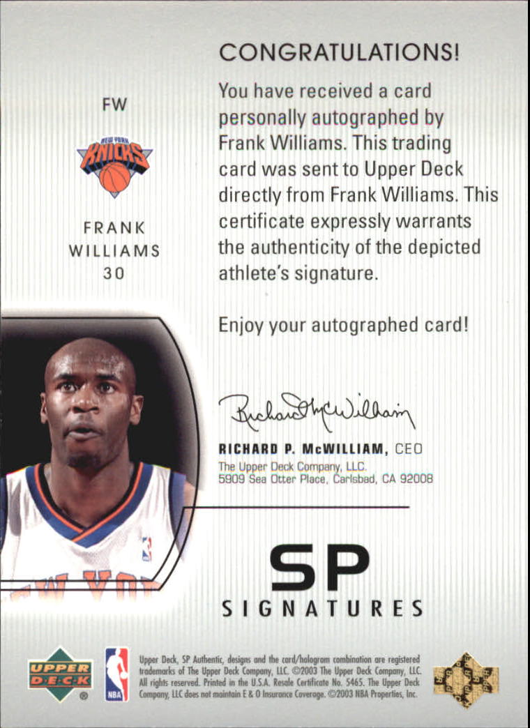 2002-03 SP Authentic SP Signatures #FW Frank Williams back image
