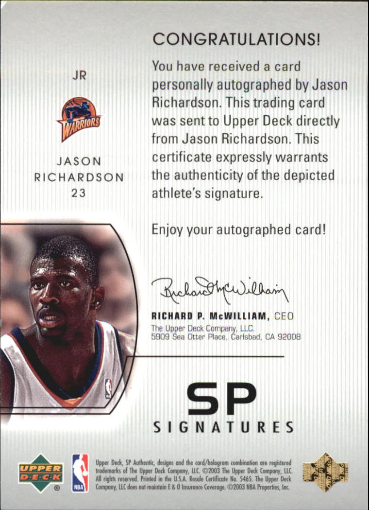 2002-03 SP Authentic SP Signatures #JR Jason Richardson back image