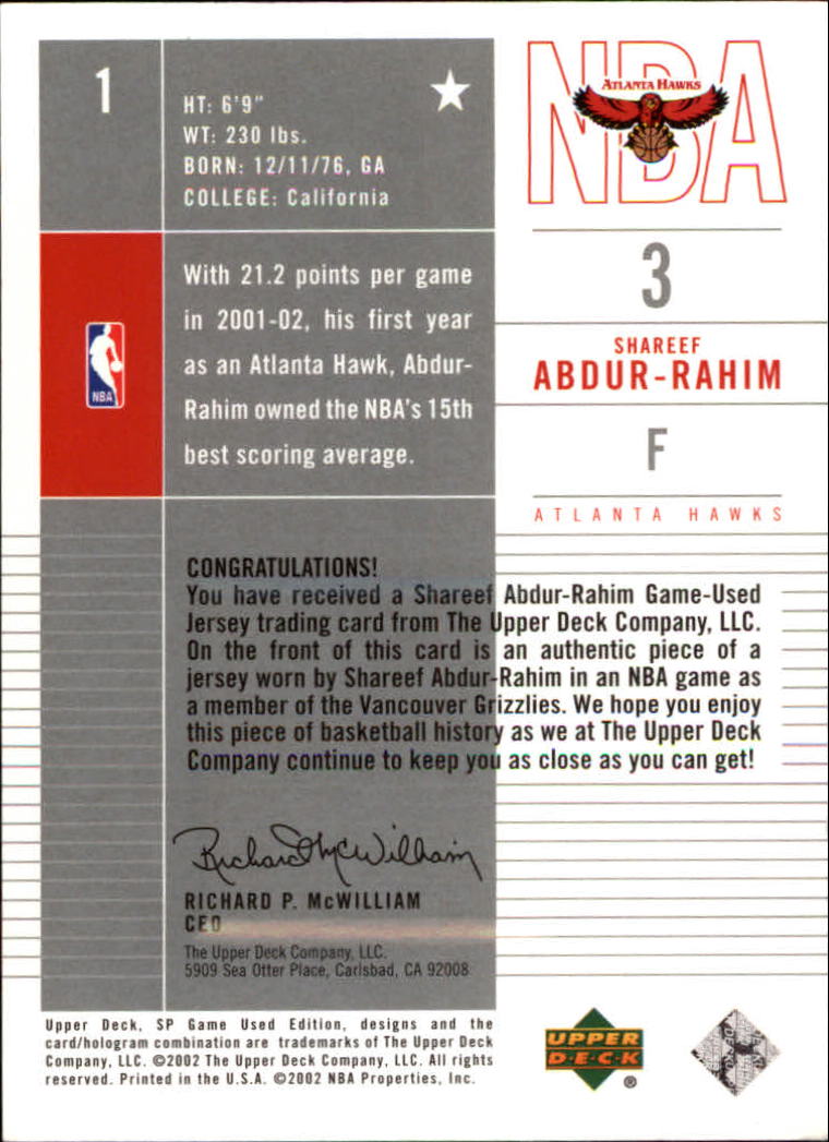 2002-03 SP Game Used #1 Shareef Abdur-Rahim JSY back image