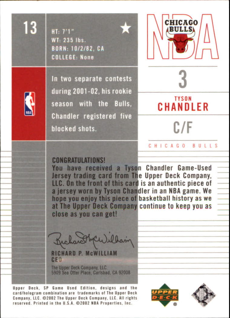 2002-03 SP Game Used #13 Tyson Chandler JSY back image
