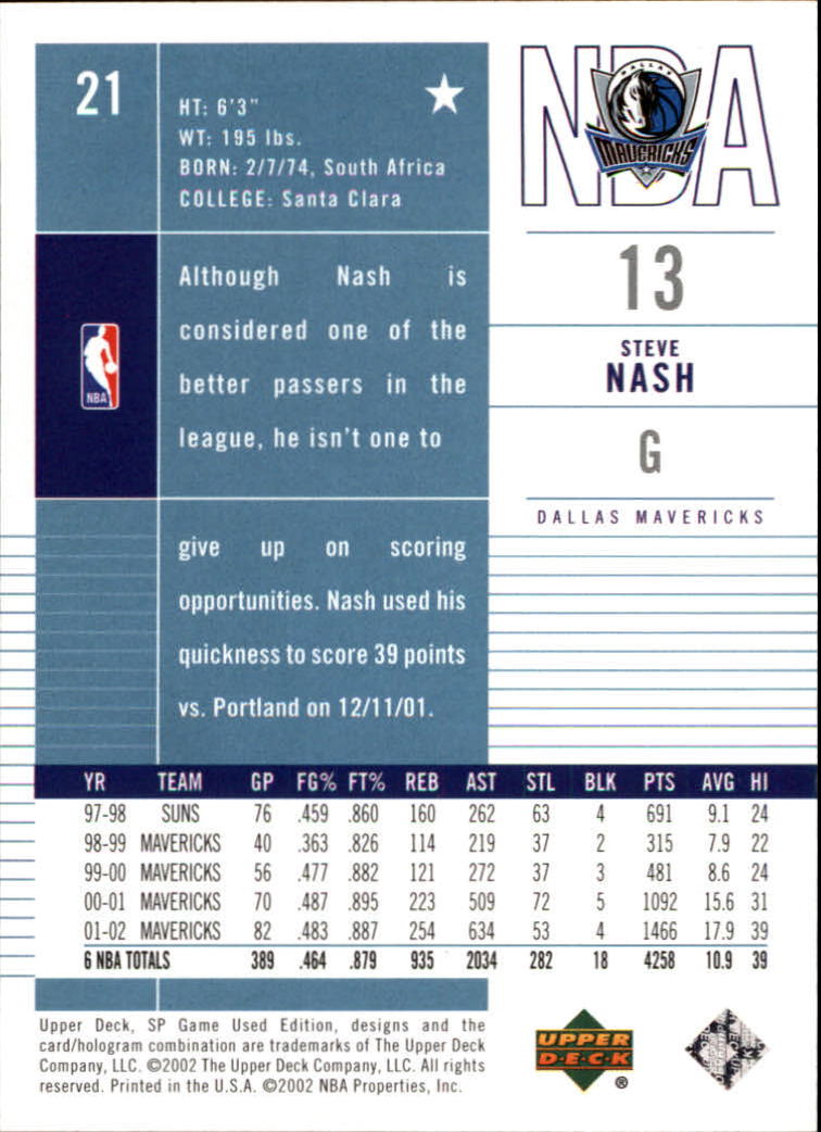 2002-03 SP Game Used #21 Steve Nash back image