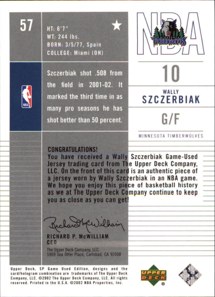 2002-03 SP Game Used #57 Wally Szczerbiak JSY back image