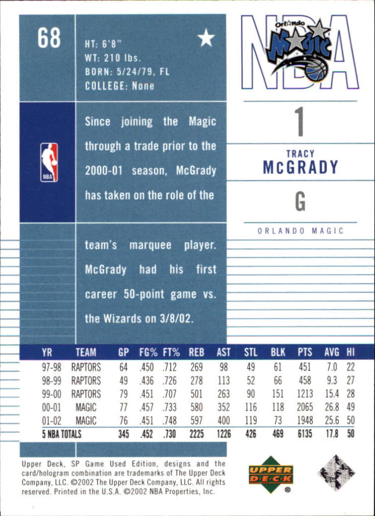 2002-03 SP Game Used #68 Tracy McGrady back image