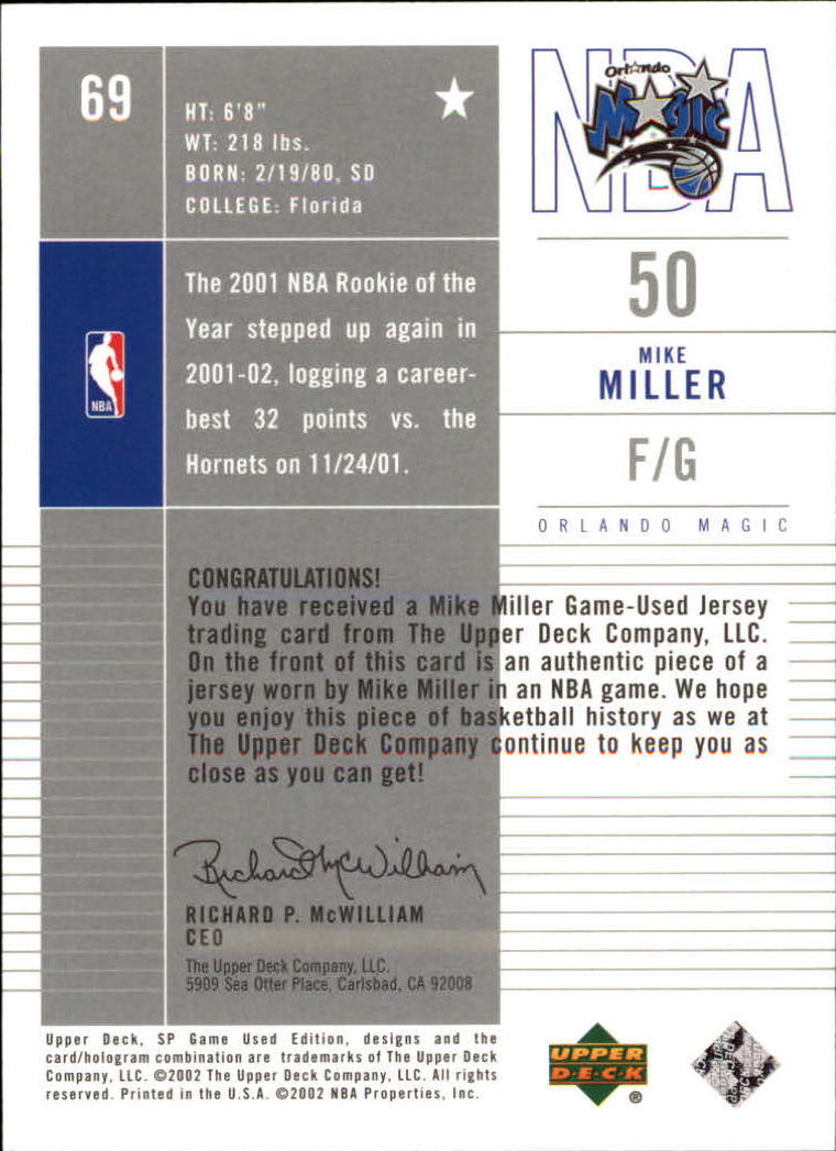 2002-03 SP Game Used #69 Mike Miller JSY back image
