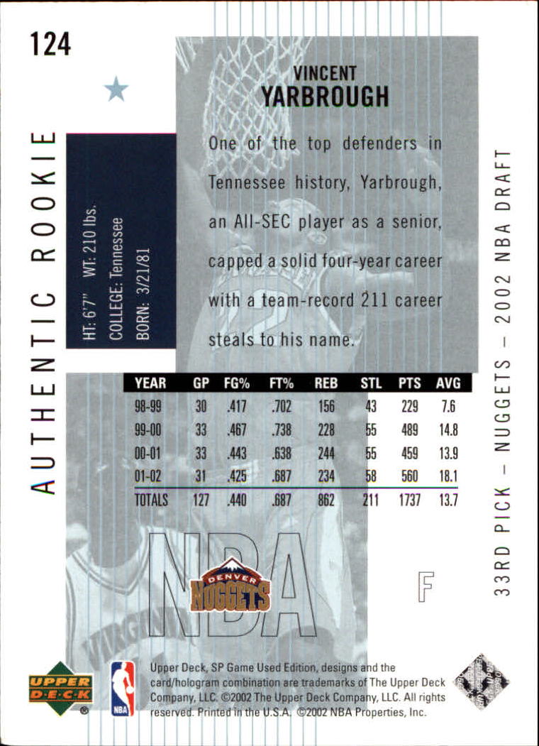 2002-03 SP Game Used #124 Vincent Yarbrough RC back image