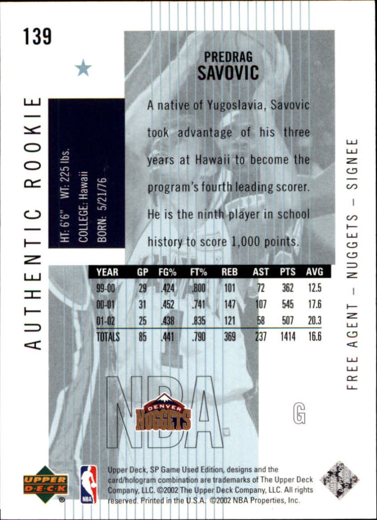 2002-03 SP Game Used #139 Predrag Savovic RC back image