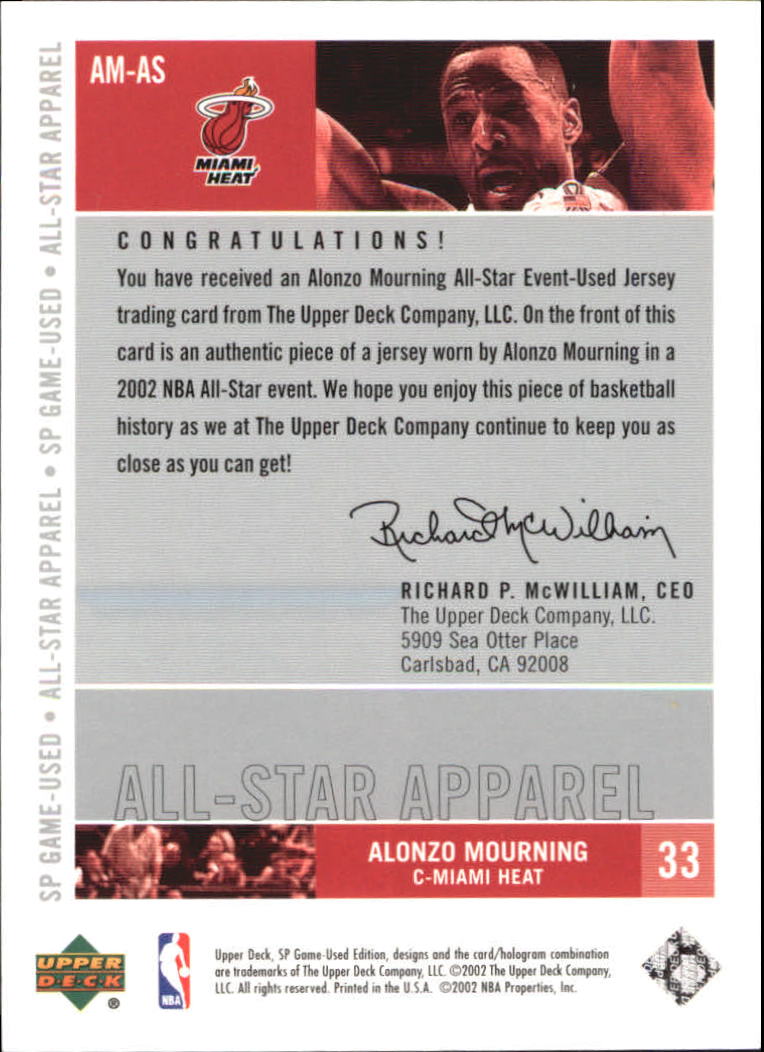 2002-03 SP Game Used All-Star Apparel #AMAS Alonzo Mourning back image