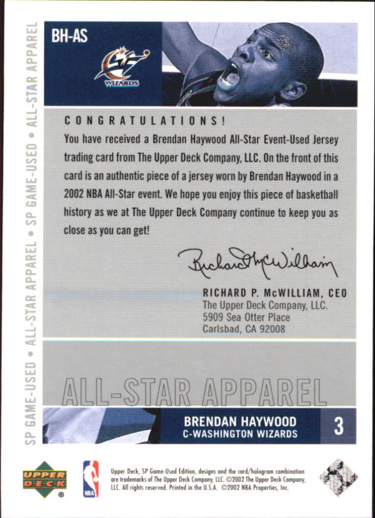 2002-03 SP Game Used All-Star Apparel #BHAS Brendan Haywood back image