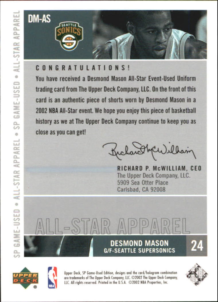 2002-03 SP Game Used All-Star Apparel #DMAS Desmond Mason back image