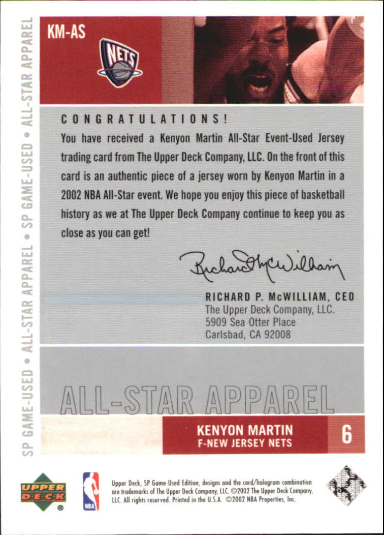 2002-03 SP Game Used All-Star Apparel #KMAS Kenyon Martin back image