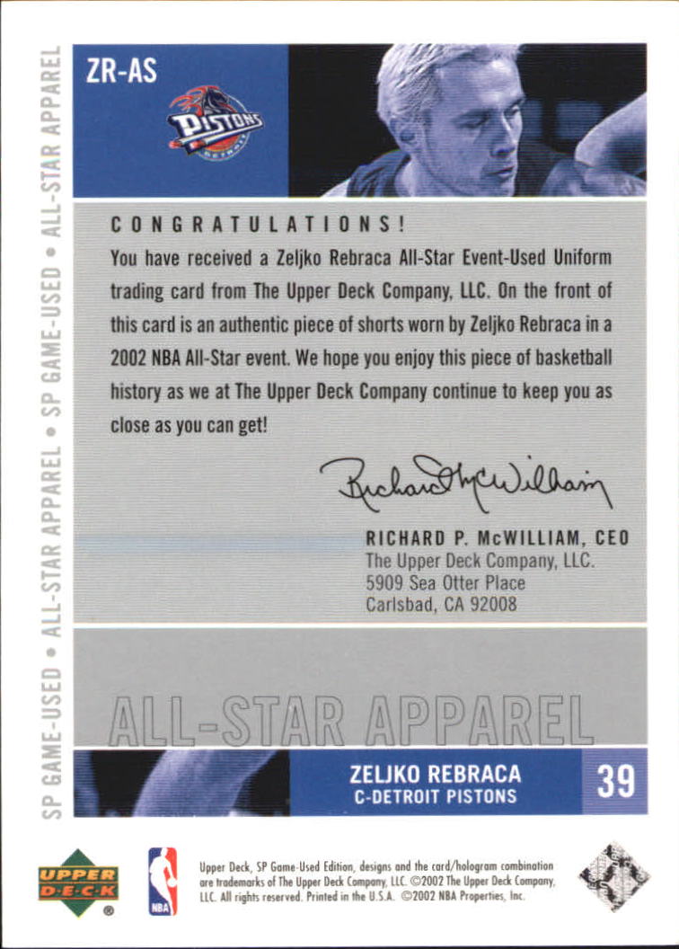 2002-03 SP Game Used All-Star Apparel #ZRAS Zelijko Rebraca back image