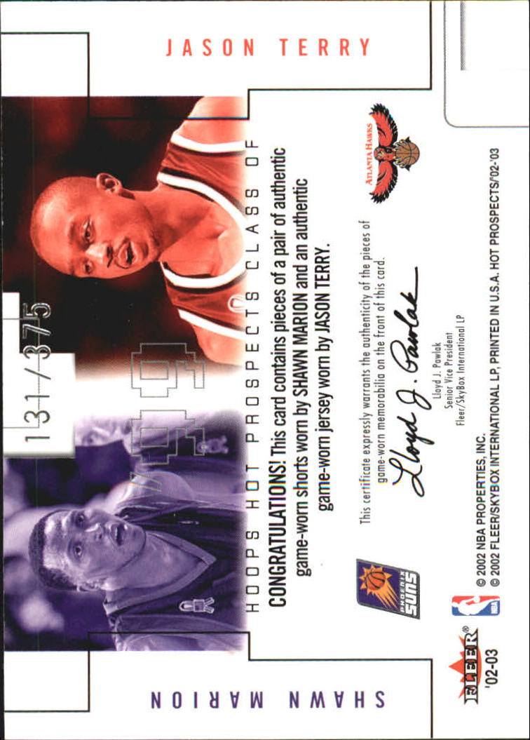 2002-03 Hoops Hot Prospects Class Of Jerseys #17 Shawn Marion/Jason Terry back image