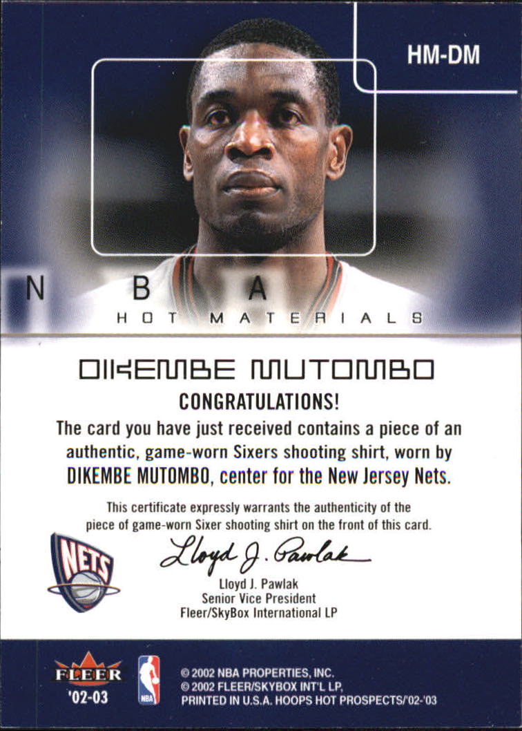 2002-03 Hoops Hot Prospects Hot Materials #5 Dikembe Mutombo back image