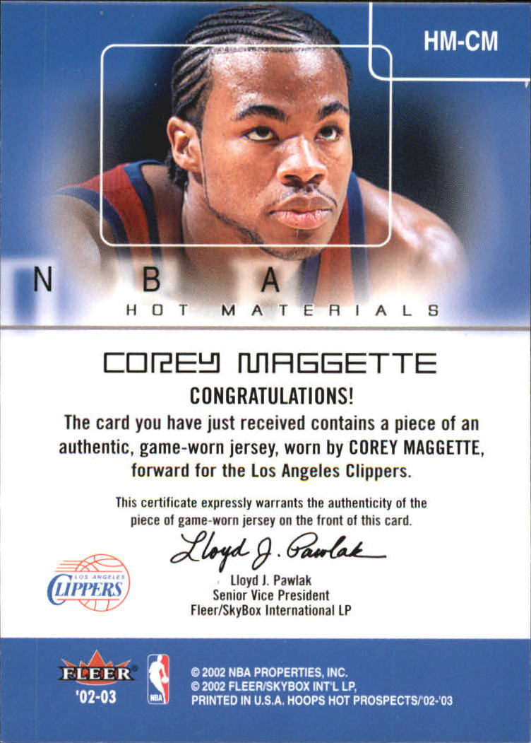 2002-03 Hoops Hot Prospects Hot Materials #16 Corey Maggette back image