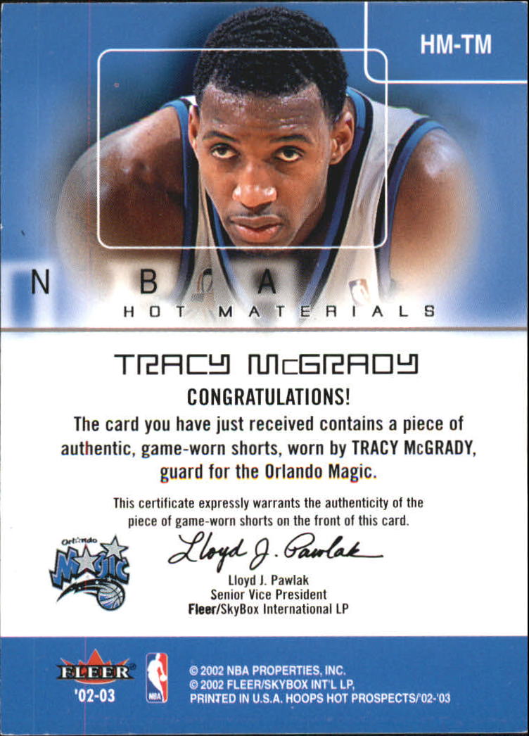 2002-03 Hoops Hot Prospects Hot Materials #23 Tracy McGrady back image