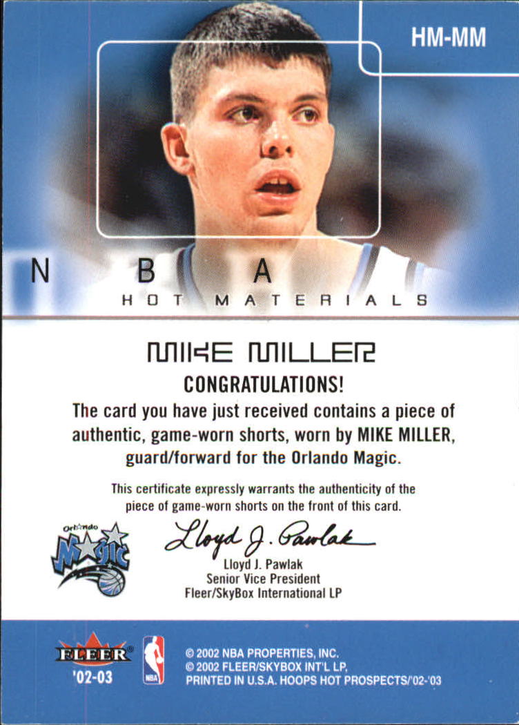 2002-03 Hoops Hot Prospects Hot Materials #26 Mike Miller back image