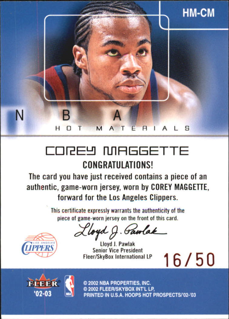 2002-03 Hoops Hot Prospects Red Hot Materials #16 Corey Maggette back image