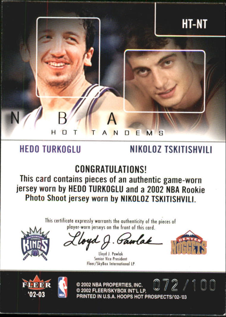 2002-03 Hoops Hot Prospects Hot Tandems #37 Hedo Turkoglu/Nikoloz Tskitishvili back image