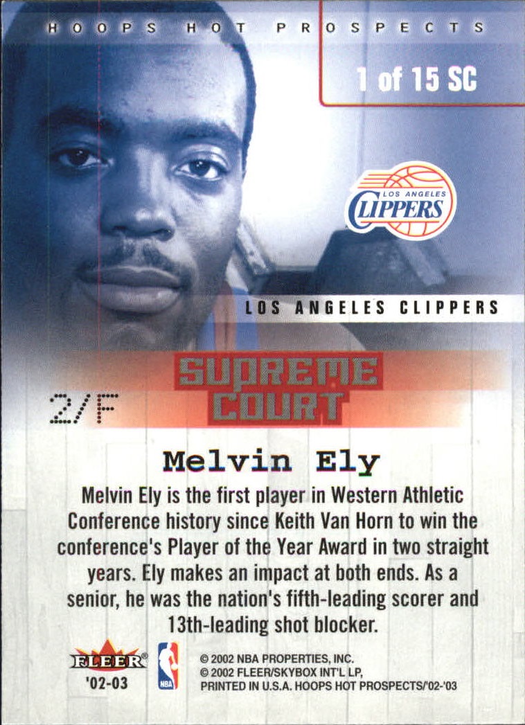 2002-03 Hoops Hot Prospects Supreme Court #1 Melvin Ely back image