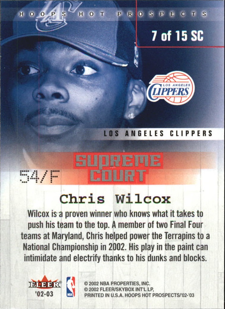 2002-03 Hoops Hot Prospects Supreme Court #7 Chris Wilcox back image