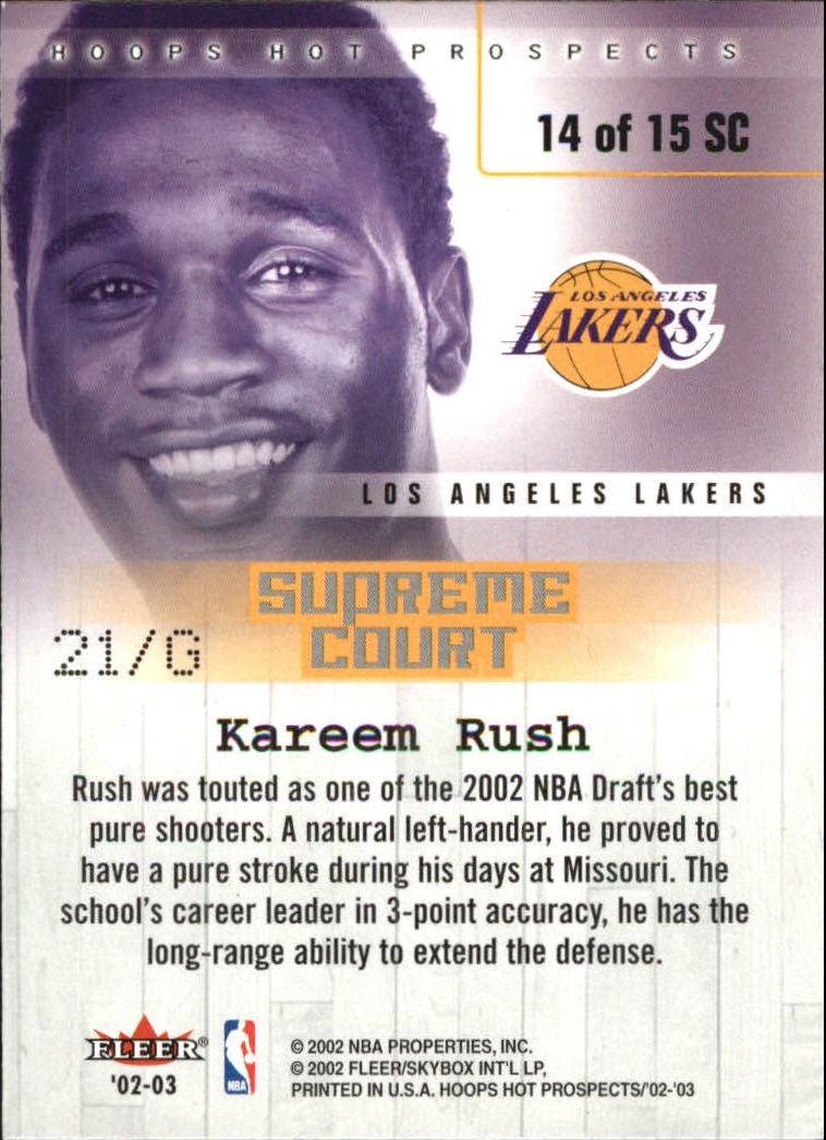 2002-03 Hoops Hot Prospects Supreme Court #14 Kareem Rush back image