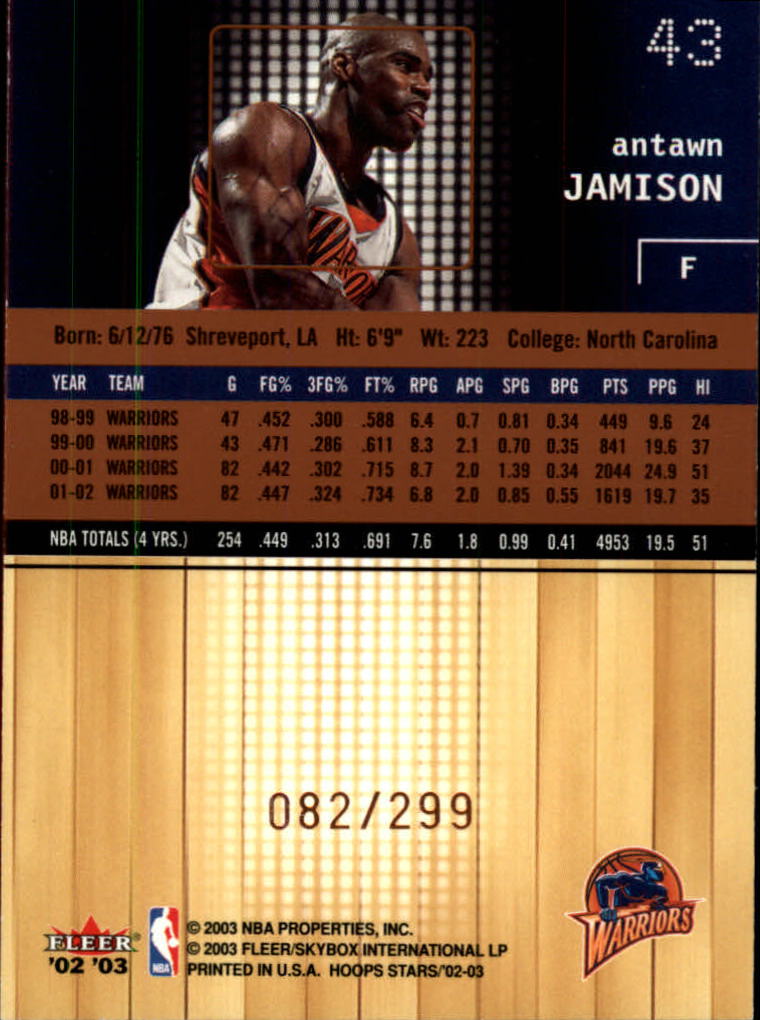 2002-03 Hoops Stars Five-Star #43 Antawn Jamison back image