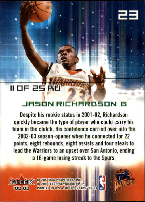 2002-03 Hoops Stars Raising Up #RU11 Jason Richardson back image