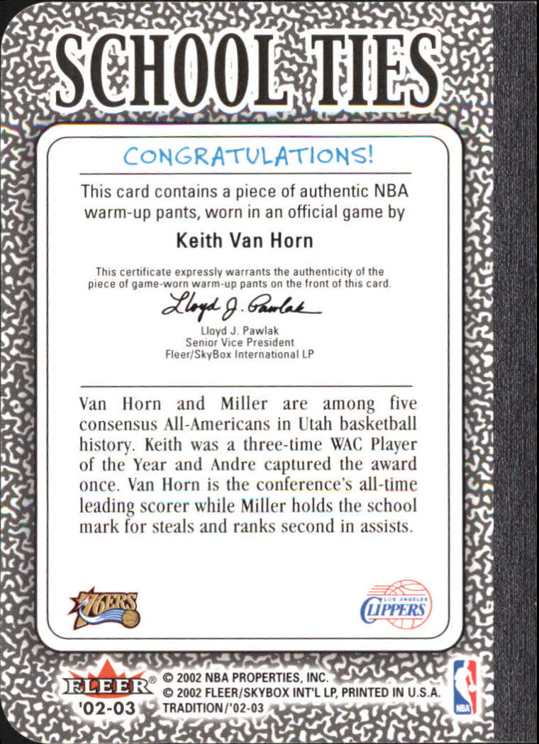 2002-03 Fleer Tradition School Ties Game-Used Singles #ST4A Keith Van Horn Pants/Andre Miller back image