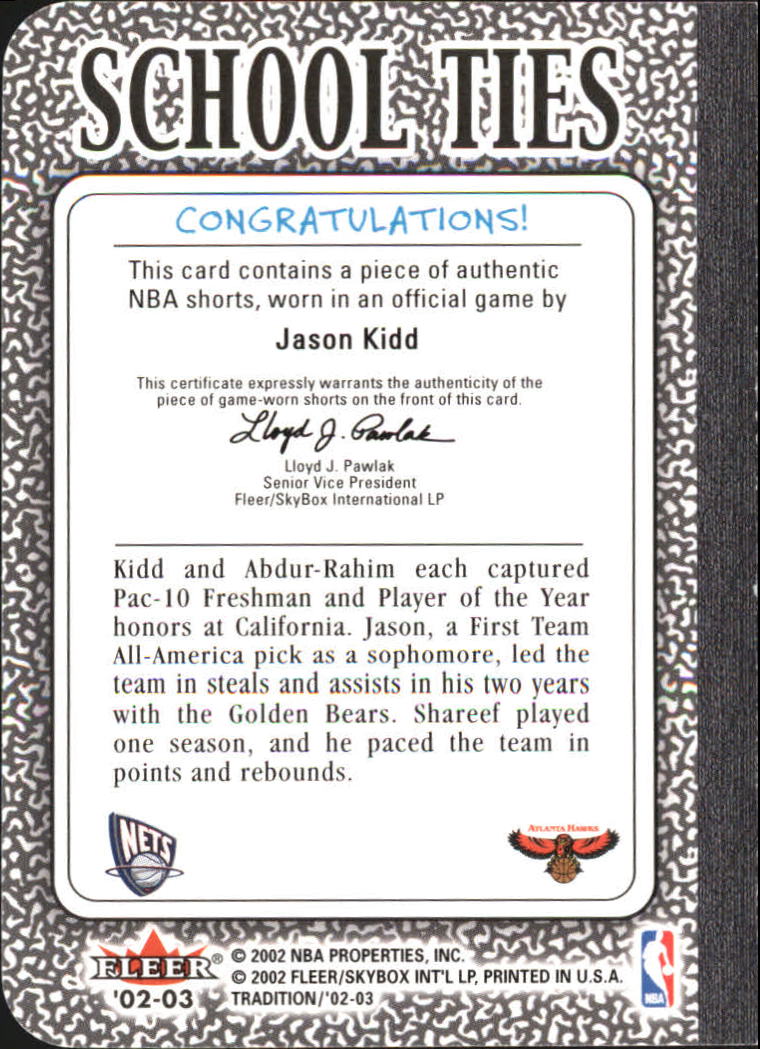 2002-03 Fleer Tradition School Ties Game-Used Singles #ST5B Jason Kidd/Shareef Abdul-Rahim JSY back image