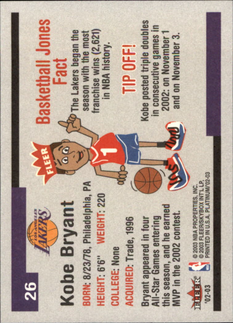 2002-03 Fleer Platinum #26 Kobe Bryant back image