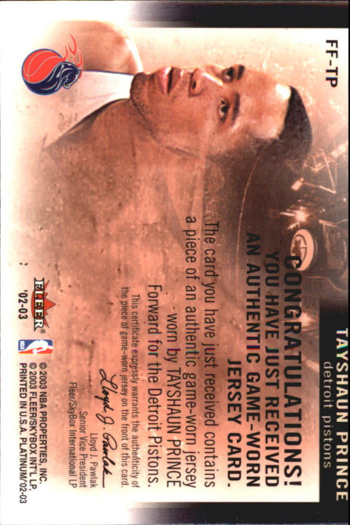 2002-03 Fleer Platinum Freshman Fabric #TP Tayshaun Prince back image