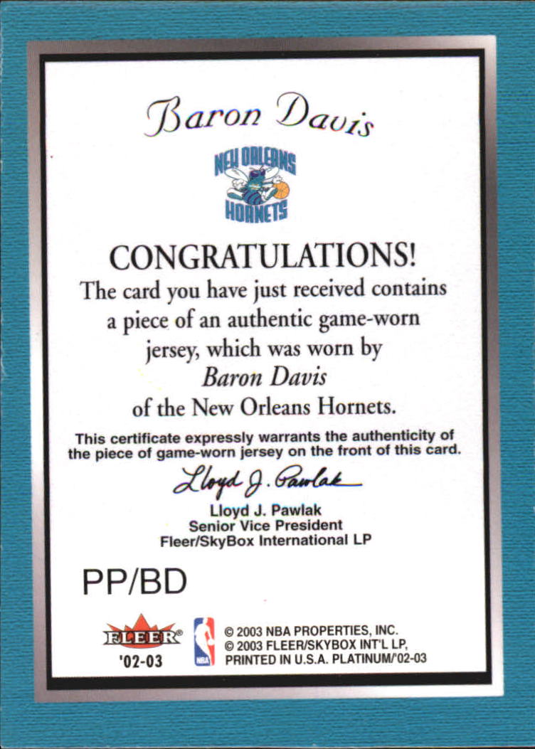 2002-03 Fleer Platinum Portraits Game Worn Jerseys #BD Baron Davis back image