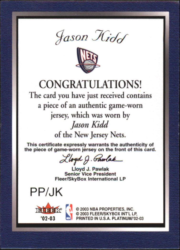 2002-03 Fleer Platinum Portraits Game Worn Jerseys #JK Jason Kidd back image