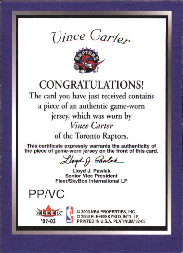 2002-03 Fleer Platinum Portraits Game Worn Jerseys #VC Vince Carter back image