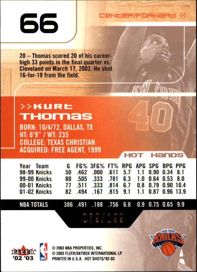 2002-03 Fleer Hot Shots Hot Hands #66 Kurt Thomas back image