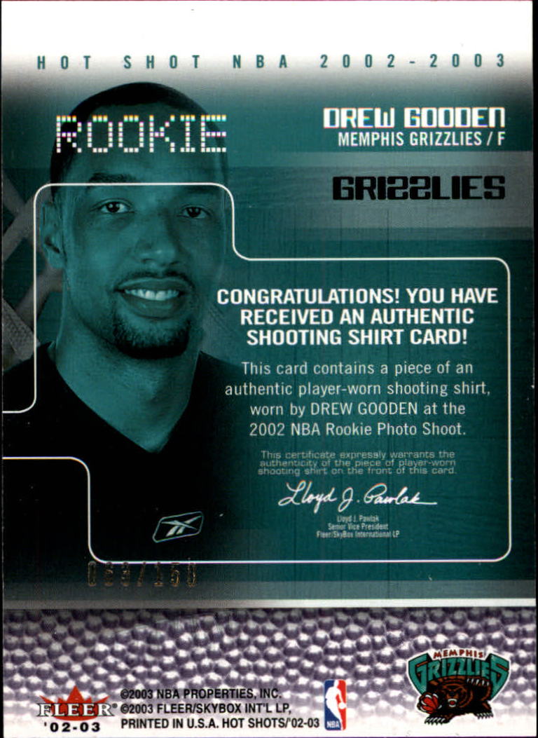 2002-03 Fleer Hot Shots Hot Shots Inserts Game-Used Gold #DG Drew Gooden back image