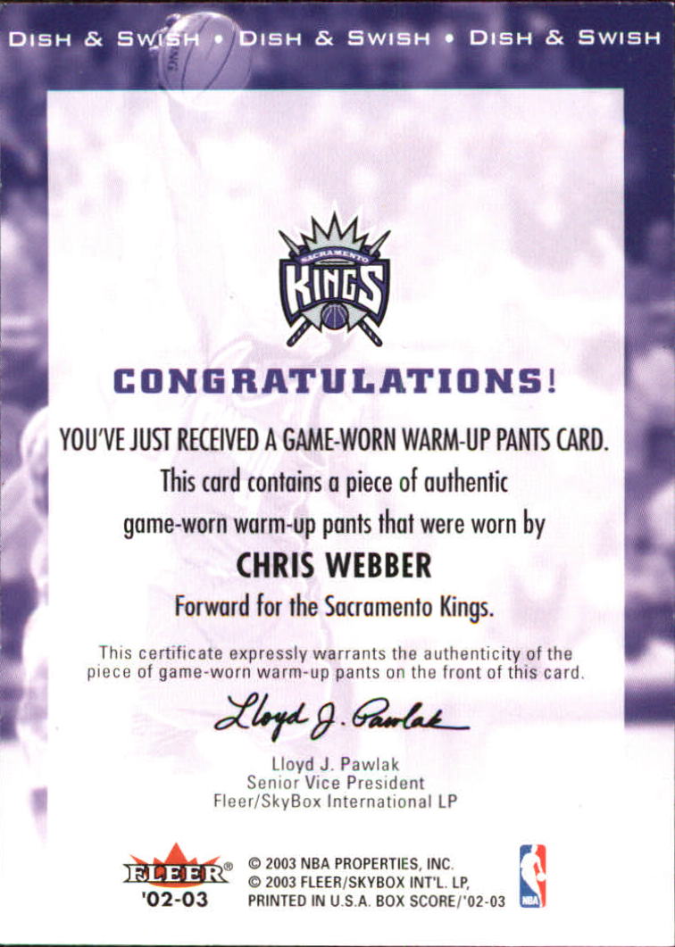 2002-03 Fleer Box Score Dish and Swish Memorabilia #10 Chris Webber Pants back image